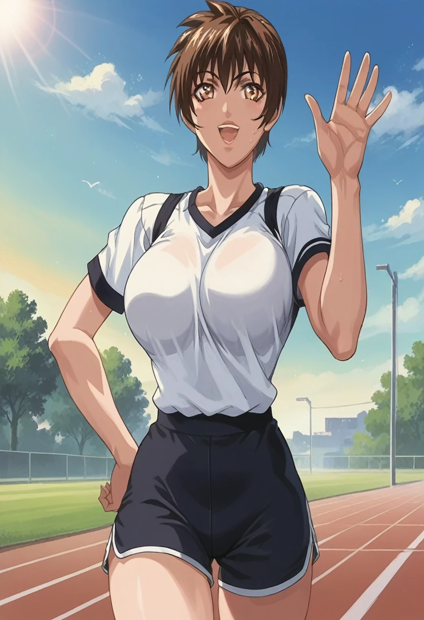 score_9, score_8_up, source_anime Bibl3, sports girl, tomboy, tanned skin, brown hair, short hair, huge breasts, wide hips, viewed from front, smiling, sweaty, open mouth, woman waving, expressive eyes, school gym uniform, shorts, athletic girl, full lips, vivid lips, detailed eyes, detailed face, pretty girl, sports field in background, morning