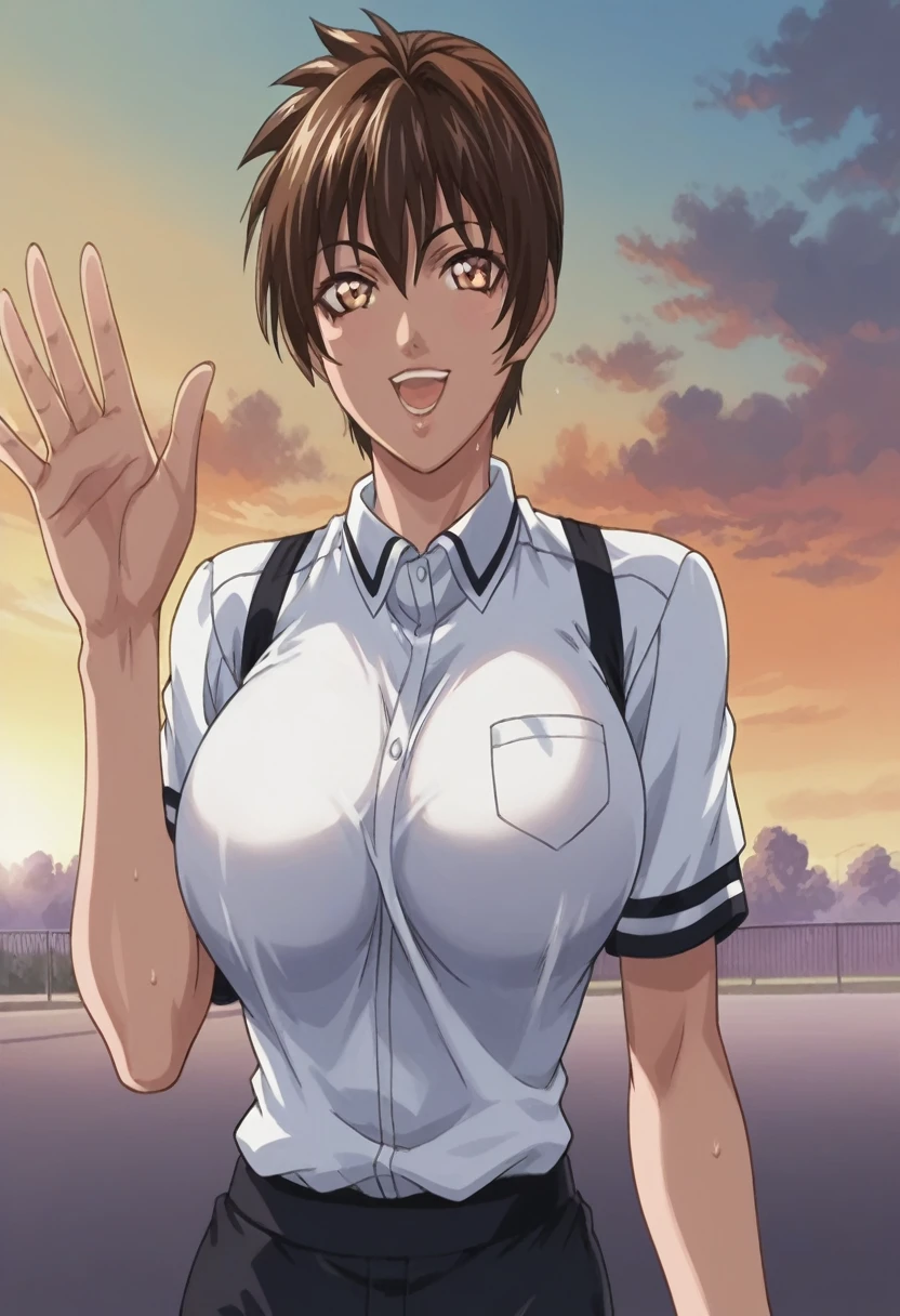 score_9, score_8_up, source_anime Bibl3, sports girl, tomboy, tanned skin, brown hair, short hair, huge breasts, wide hips, viewed from front, smiling, sweaty, open mouth, woman waving, expressive eyes, school gym uniform, shorts, athletic girl, full lips, vivid lips, detailed eyes, detailed face, pretty girl, sports field in background, morning