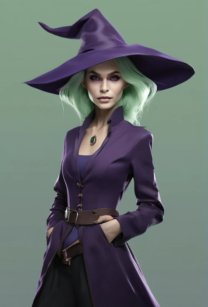 A pale green skin beautiful female witch woman half goblin half human half upper body dark purple clothes