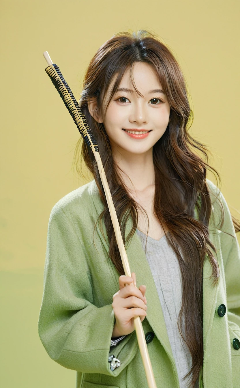 Realistic,Japanese young idol one girl portrait,Upper Body,Silvery, loosely wavy long hair,indoor,Holding a stick in one hand,Simple yellow-green background,smile,Tilting face,Wearing a green long coat,Popular Korean makeup,photoRealistic,