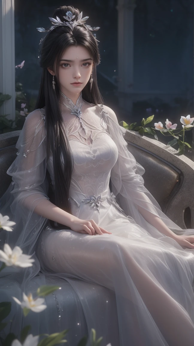 1girl, girl with long black hair, smiling, cheerful, the girl wearing white long dress, girl is sitting among a wide expanse of flowers,girl posing gracefully , surrounded by beautiful flowers, Calm and peaceful atmosphere, night, moonlight , Beautiful glowing butterflies surround the girl lighting up the darkness of the night, magic,Romantic, the night breeze blows the Sepoi Sepoi girl's hair, 