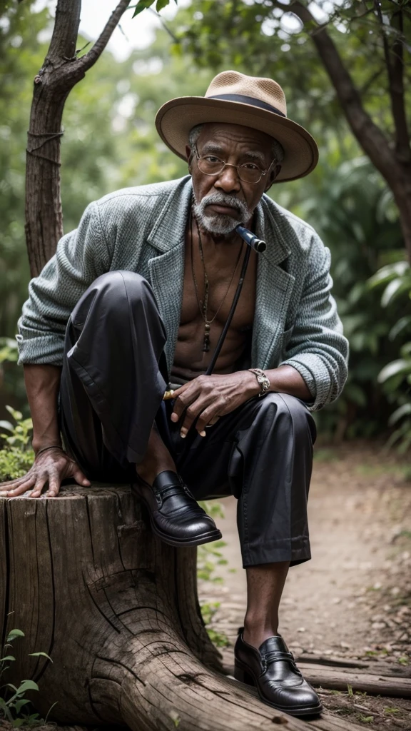 An old black man in a hat, sitting on a tree trunk, with pipe in his boa and a cane in his hand