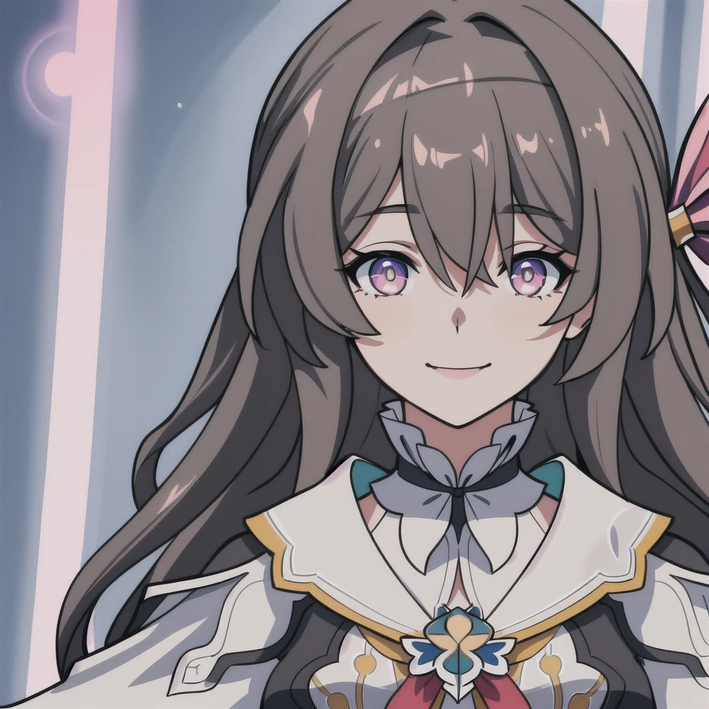 anime girl, smiling, grey hair, firefly, star rail, honkai star rail, dark brown clothes, pink eyes, 1girl, masterpiece, (beautiful and aesthetic:1. 5), thick black lineart, clean lineart, perfect lineart, variable lineart, thick lineart, clean anime outlines, intense line art, bold lineart, sharp lineart, heavy lineart, line art, best quality, high quality, high details, super detail, best quality, ultra-detailed, colourful, saturated colours, dynamic lighting, HD,