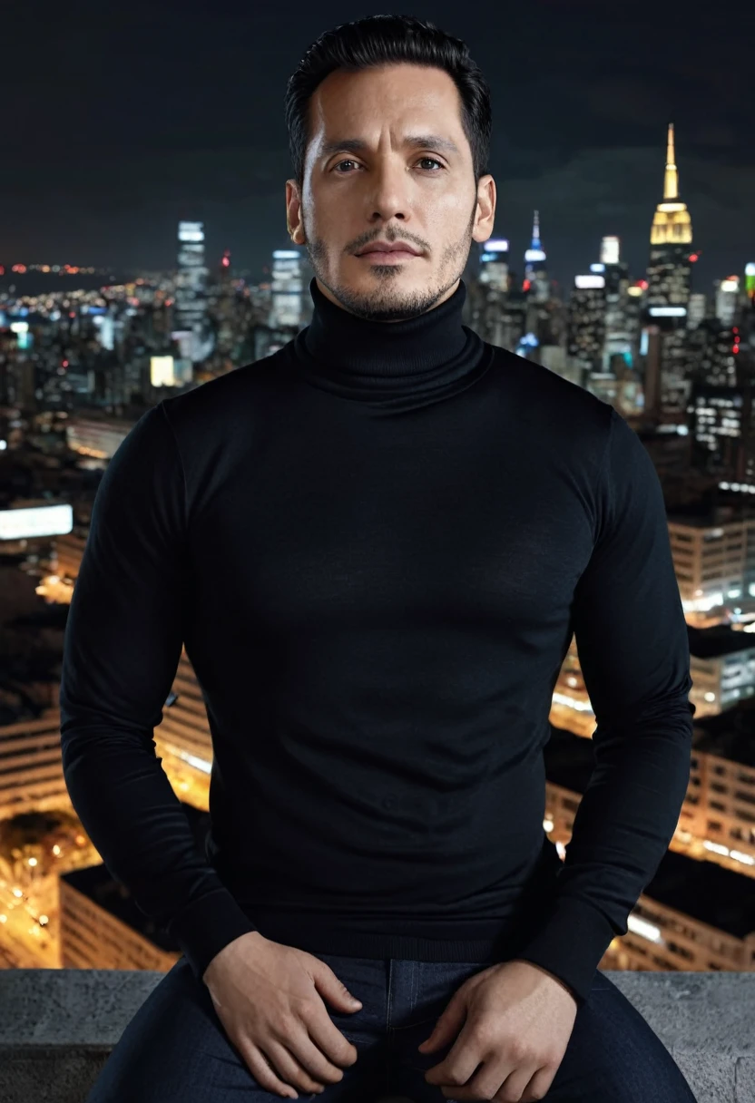 realistic 8k, draw a guy with style, with black turtleneck, at night on top of buildings in an illuminated city, it's raining, there is a large sign on a building that reflects red light at it. He is sitting on the edge of the building on the top floor