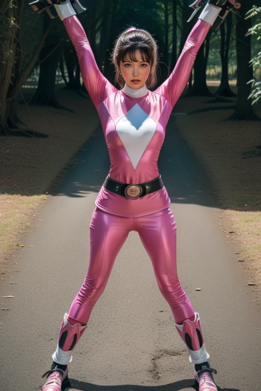 pink theme，pink ranger suit、curvy, big breats, full body, tied on Saint Andrew's cross in X position,