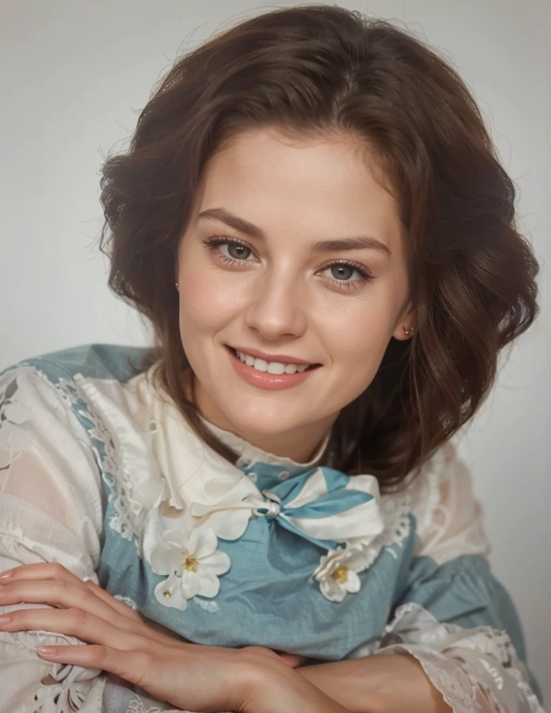 a close up of a woman with a smile on her face, dolores abernathy, photo of a woman, photo of young woman, a colorized photo, in her early 20s, color portrait, color studio portrait, profile picture, taken in the early 2020s, old color photo, moleksandra shchaslyva, in her early 3 0, hair detail
