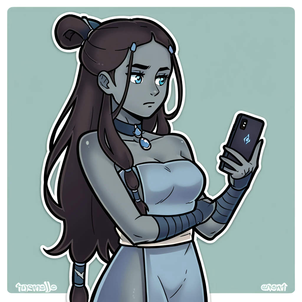 score_9_presence, score_8_up, katara, wrapped in towel, medium breasts, holding phone