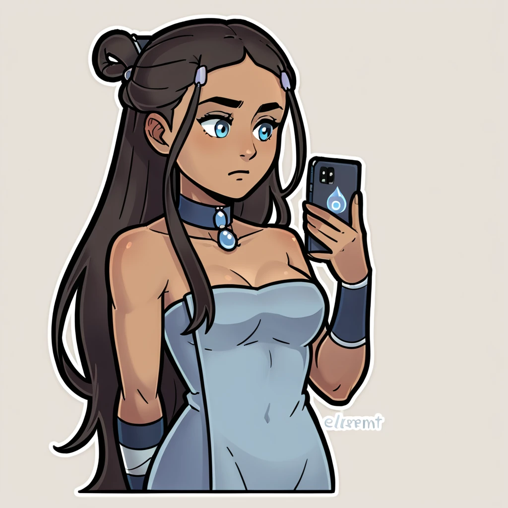 score_9_presence, score_8_up, katara, wrapped in towel, medium breasts, holding phone