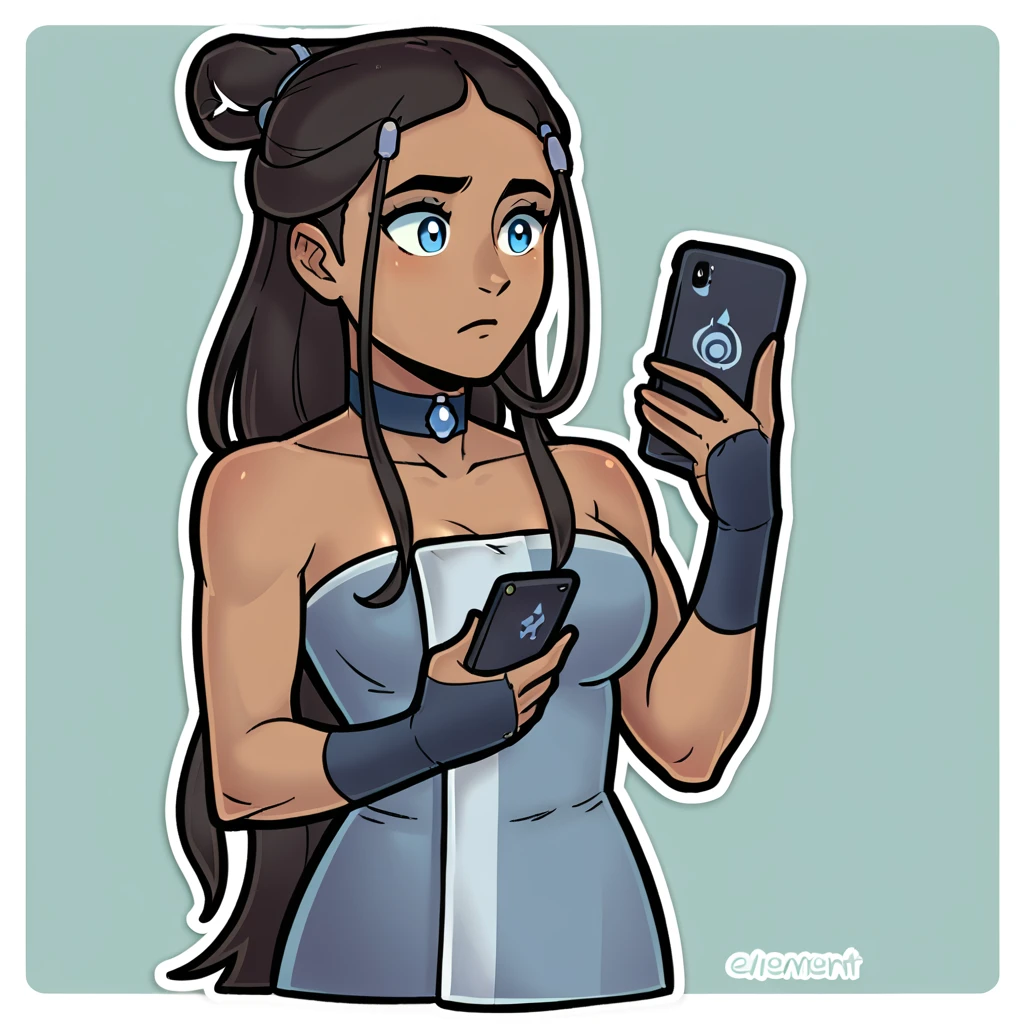 score_9_presence, score_8_up, katara, wrapped in towel, medium breasts, holding phone