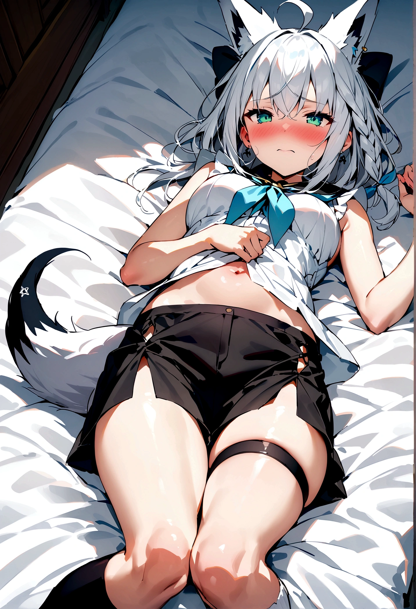 NSFW,masterpiece,Highest quality,High resolution,Super detailed,Snowstorm、Gray Hair、One-sided braid、Ahoge、Earrings、Fox Tail、fubuki_base、White blouse、Sleeveless、Black shorts、Blue neckerchief、Thigh straps、Single knee socks、White Hair、One side braided、Ahoge、Earrings、Fox's Tail,Embarrassed,Estrus,Lust,blush,Expecting face,Seduce,Girl's Room,bed,From above,Lying down,Lying on your back