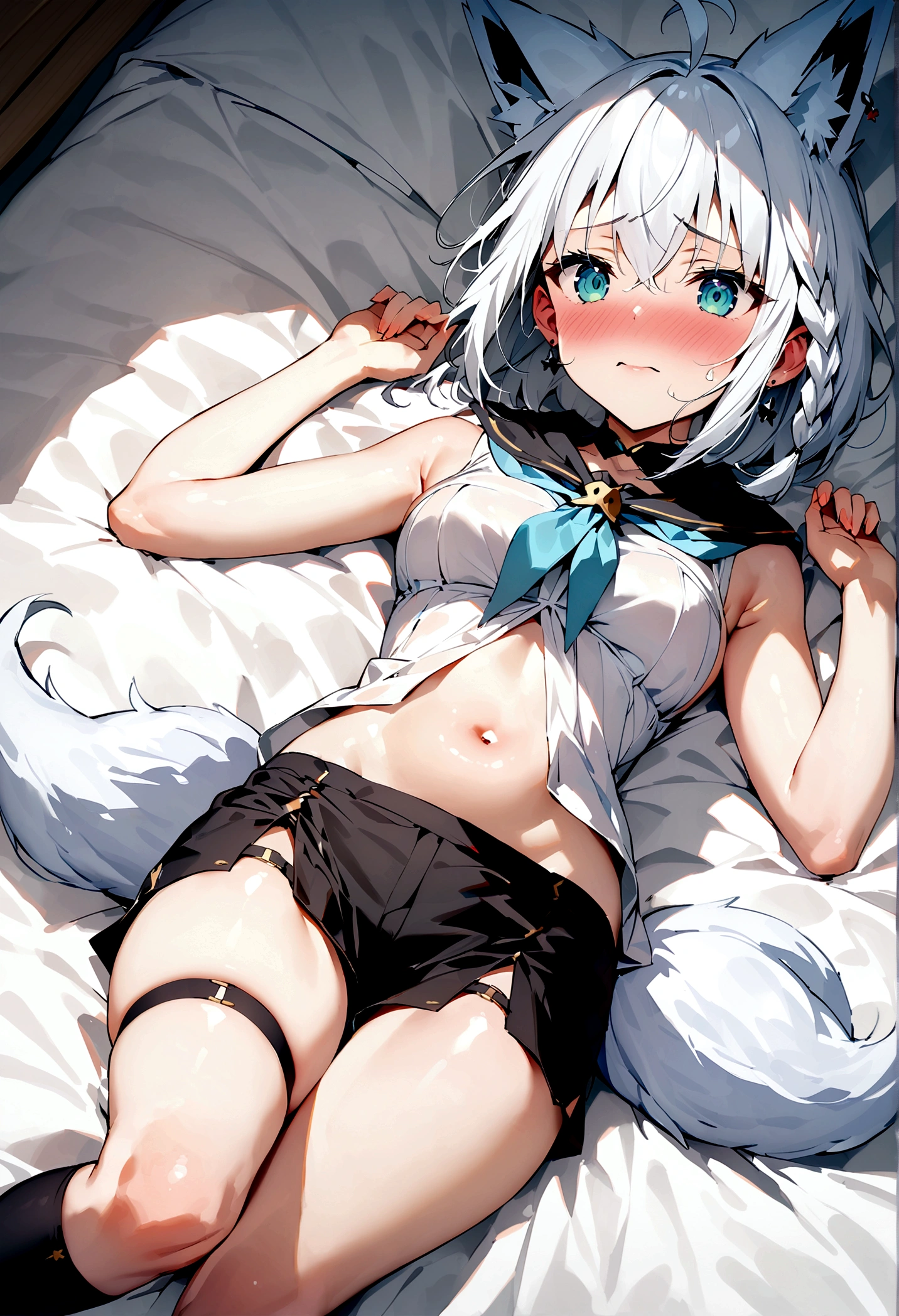 NSFW,masterpiece,Highest quality,High resolution,Super detailed,Snowstorm、Gray Hair、One-sided braid、Ahoge、Earrings、Fox Tail、fubuki_base、White blouse、Sleeveless、Black shorts、Blue neckerchief、Thigh straps、Single knee socks、White Hair、One side braided、Ahoge、Earrings、Fox&#39;s Tail,Embarrassed,Estrus,Lust,blush,Expecting face,Seduce,Girl&#39;s Room,bed,From above,Lying down,Lying on your back