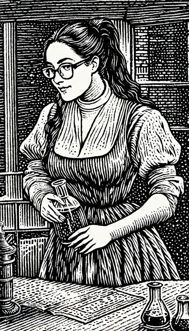 (Black and white woodcut:1.5)、(Second floor in black and white.)、foreground, dark and sinister atmosphere、profile face of a chemist woman, long black hair, with long ponytail, huge breasts, with long robe with sleeves, wearing glasses, outlined curves, wearing a tight black mini skirt, smiling, holding a flask with bubbling liquid, in a chemical laboratory with a microscope on a table, Mysterious、