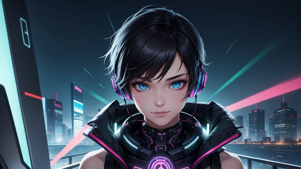 1boy, (extremely beautiful), solo, male focus, cyberpunk, neon lights, vibrant colors, headphones, Cyberpunk, neon, masterpiece, best quality, ultra-detailed, cyberpunk background, detail, in the starry night, moon, explosive and clear eyes, glowing eyes, beautiful details in the wind, little smile.