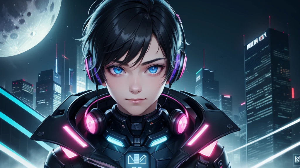 1boy, (extremely beautiful), solo, male focus, cyberpunk, neon lights, vibrant colors, headphones, Cyberpunk, neon, masterpiece, best quality, ultra-detailed, cyberpunk background, detail, in the starry night, moon, explosive and clear eyes, glowing eyes, beautiful details in the wind, little smile.