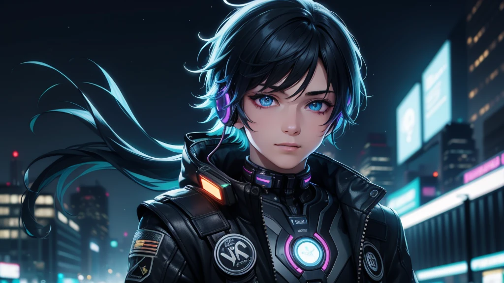 1boy, (extremely beautiful), solo, male focus, cyberpunk, neon lights, vibrant colors, headphones, Cyberpunk, neon, masterpiece, best quality, ultra-detailed, cyberpunk background, detail, in the starry night, moon, explosive and clear eyes, glowing eyes, beautiful details in the wind, little smile.