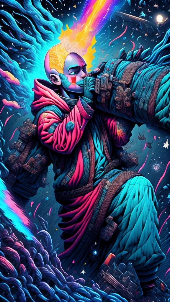 Beautifully made, high-resolution 4K masterpiece Draw a young caramel skin Male with bald Hair, Stand on a mysterious path，This road floats in the middle of another dimension，Leading to an entrance , Back to the audience , From the back , surrounded by Colorful energy Orbs glowing with fiery auras rest Dramatic lighting from distant SHooting stars Glistening like Diamonds illuminates the scene, Deep shadows are cast on the clothes wearing streetwear Gucci Mink Designer Outfit, looking at the Portal and mysterious Contrasting colors on the other side with wonder and Awe with curiosity ,rest,detailed,Practical,4k 高度detailed数字艺术,Octane Rendering, Bioluminescence, rest 8K resolution concept art, realism,Produced by Mappa studios,masterpiece,best quality,Official Art,illustration,Clear lines,(Cool_color),Perfect composition,absurd, fantasy,Focus,Rule of Thirds. The work should have intricate details, Inspired by techniques from renowned artists like Ryan Yee, Sachinteng, JC Leyendecker, Just a joke, beeping sounds, and James Jean, with a particular emphasis on Sachinteng's style. 

Artworks should reflect the aesthetics of new prints, Behance competition winner, And should achieve perfect symmetry. The subject of the portrait is a male with bald hair and caramel skin.. The atmosphere should be ethereal, Smoke, White light, and strong light elements. 

Incorporate elements of surrealism into the piece, With extremely delicate features and sparkling eyes. Full-body photos should also include close-ups of the body, Akuma holding weapons - Katana and Double Dragon Entanglement. 

The color palette should be dominated by a mesmerizing blue light, Bracers should be part of the garment. The work should be available in high definition, Ultra HD, and 4K resolution. at last, Add drama, Includes thunderous background scene, creating a surreal and captivating masterpiece.