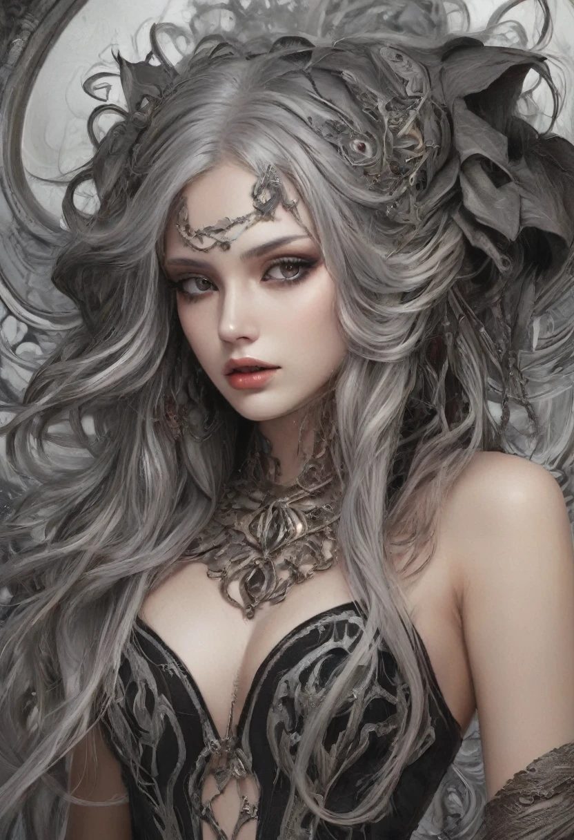 death metal style art design, hyperrealistic and hyperdetailed, overly ornate design, sexy style picture, dynamic art and hyperdetailed and hyperrealistic background, long flowing hair with, gothic elaborate design, dynamic angle