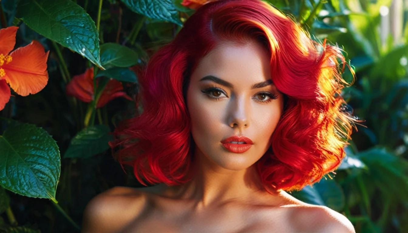 (full body ) In this captivating scene, a vivacious girl, (detail skin texture, large pores), with vibrant, colorful hair stands amidst a lush garden teeming with exotic blooms. Her sexy outfit accentuates her thin, hourglass-shaped body and ample breasts, drawing the eye with its tantalizing allure. With eyes that sparkle in the sunlight and lips painted a bold red, she exudes irresistible charm and sensuality. The garden, meticulously rendered with hyper-realistic detail, showcases the intricate textures of petals and leaves, while vibrant colors add a touch of surrealism. Captured in stunning 8K resolution, every nuance is visible, from the strands of her hair to the lines on her face. Inspired by Russ Meyer's iconic films, the scene blends retro and modern elements, with color grading that heightens excitement and sensuality. Soft lighting bathes her face in a warm glow, adding depth and dimension to the image. This (hyper-realistic:1.5) (masterpiece:1.5) promises an awe-inspiring visual experience, combining the finest materials and techniques to ignite the senses.