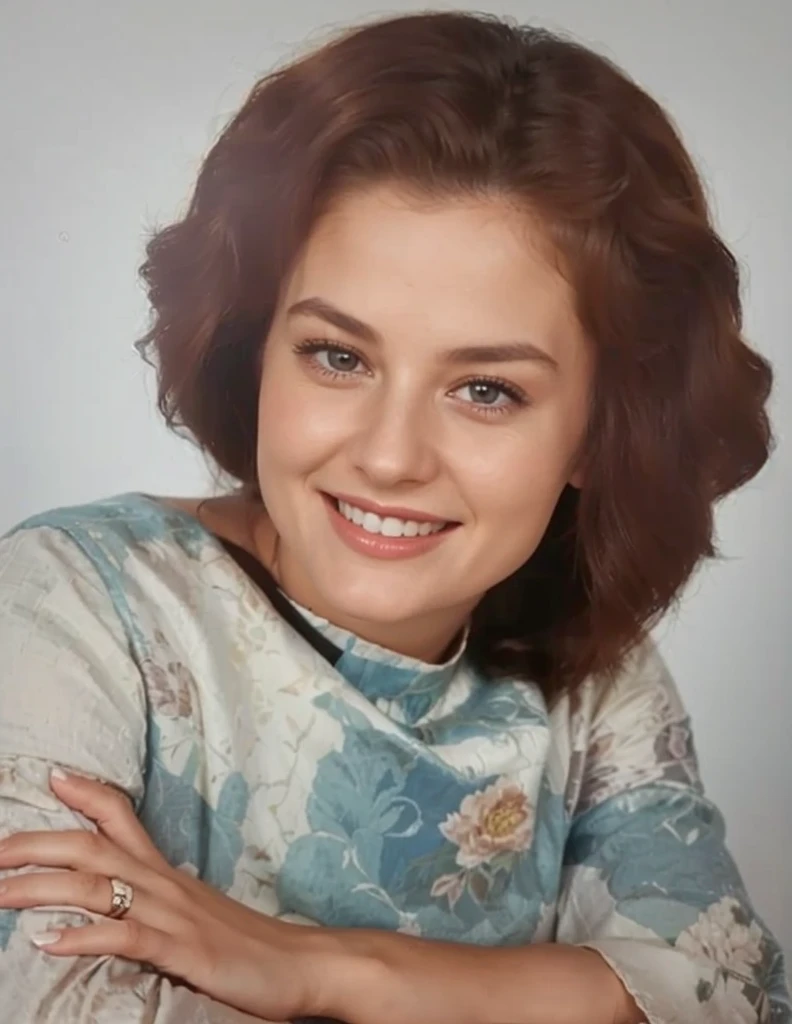 a close up of a woman with a smile on her face, dolores abernathy, photo of a woman, photo of young woman, a colorized photo, in her early 20s, color portrait, color studio portrait, profile picture, taken in the early 2020s, old color photo, moleksandra shchaslyva, in her early 3 0, hair detail