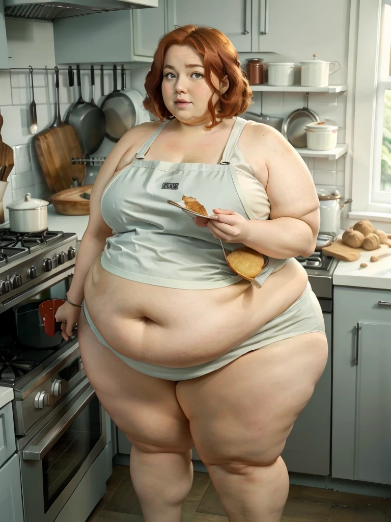 A muffin-baking photo of a middle-aged beautiful bottom heavy tradwife redhead ssbbw with pear-bodyhape, extreme wide hips, with short ginger hair soft fat belly, extremely wide fat obese hips, very obese legs, thick fat wide legs and fat arms, huge wide butt, cute pretty face, small breasts, blue eyes, freckles, in a long cooking apron in a kitchen, makeing lot ot muffins