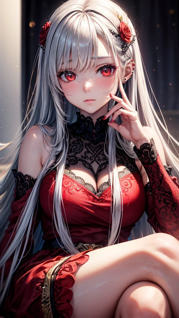 A young woman with long, flowing silver hair and piercing red eyes sits with her chin resting on her hand, gazing thoughtfully at the viewer. She is dressed in a red and black outfit with intricate details and a touch of lace, giving her a sophisticated and mysterious air. The lighting is warm and soft, highlighting her features and creating a sense of intimacy.

[Anime style, detailed and realistic, inspired by the works of Mihoyo and Pixiv artists], [soft lighting, warm colors, smooth textures, slight blur effect on the background, shallow depth of field]