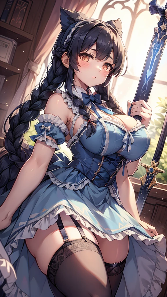 Black-haired girl，Indifferent girl，Golden pupils，Black long hair，braid，braid，脑后braid，Lolita skirt，Blue Lolita Dress，Lolita style，Blue Skirt，Blue Skirt，Blue Skirt，Blue Skirt，蓝白Lolita skirt，Blue Dress，Blue Dress，Red bow tie，Red bow tie，单条braid，单条braid，短braid，Repressive style，Garter stockings，Garter stockings，Garter stockings，Big breasts，Great Sword，手持Great Sword，手持Great Sword，Great Sword