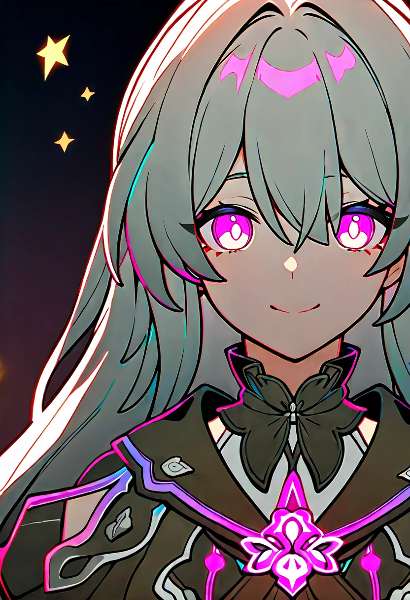 anime girl, smiling, grey hair, firefly, star rail, honkai star rail, dark brown clothes, pink eyes, 1girl, masterpiece, (beautiful and aesthetic:1. 5), thick black lineart, clean lineart, perfect lineart, variable lineart, thick lineart, clean anime outlines, intense line art, bold lineart, sharp lineart, heavy lineart, line art, best quality, high quality, high details, super detail, best quality, ultra-detailed, colourful, saturated colours, dynamic lighting, HD,