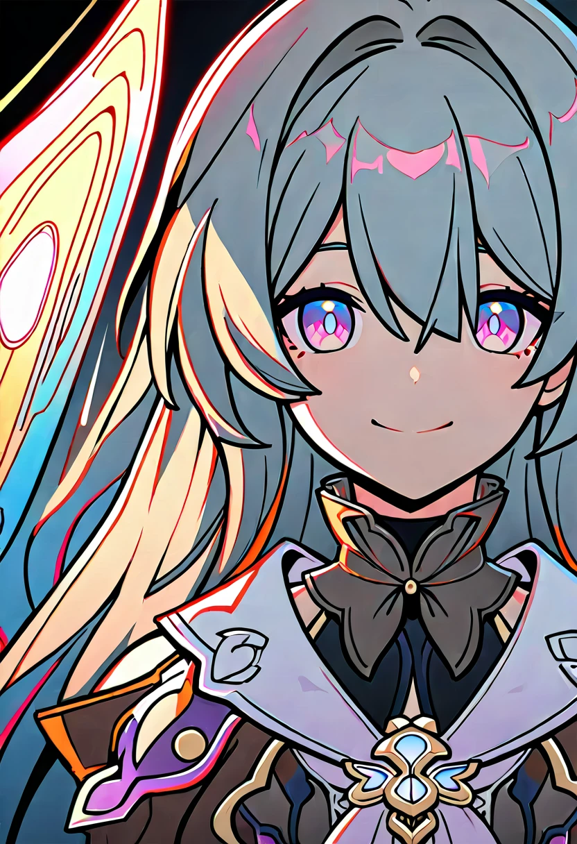 anime girl, smiling, grey hair, firefly, star rail, honkai star rail, dark brown clothes, pink eyes, 1girl, masterpiece, (beautiful and aesthetic:1. 5), thick black lineart, clean lineart, perfect lineart, variable lineart, thick lineart, clean anime outlines, intense line art, bold lineart, sharp lineart, heavy lineart, line art, best quality, high quality, high details, super detail, best quality, ultra-detailed, colourful, saturated colours, dynamic lighting, HD,