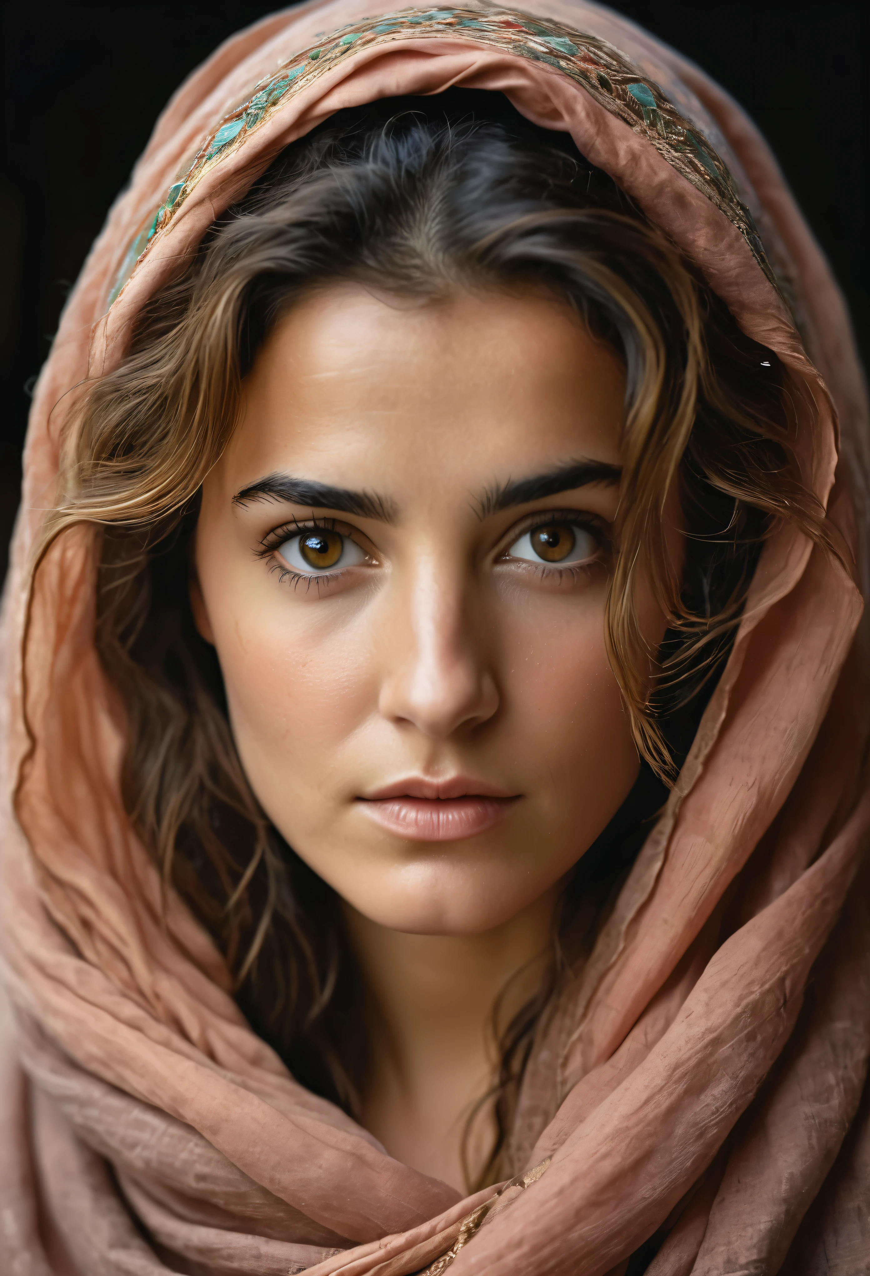 Looks Like Cote de Pablo, a photorealistic portrait of a stunningly beautiful woman without make-up, extremely detailed light hazel eyes, detailed symmetric realistic face, natural skin texture, extremely detailed skin with skin pores, peach fuzz, messy hair, wearing shawl over her head, masterpiece, absurdres, award winning photo by lee jeffries, nikon d850 film stock photograph, kodak portra 400 camera f1.6 lens, extremely detailed, amazing, fine detail, rich colors, hyper realistic lifelike texture, dramatic lighting, unrealengine, trending on artstation, cinestill 800 tungsten, looking at the viewer, photo realistic, RAW photo, TanvirTamim, high quality, highres, sharp focus, extremely detailed, cinematic lighting, 8k uhd