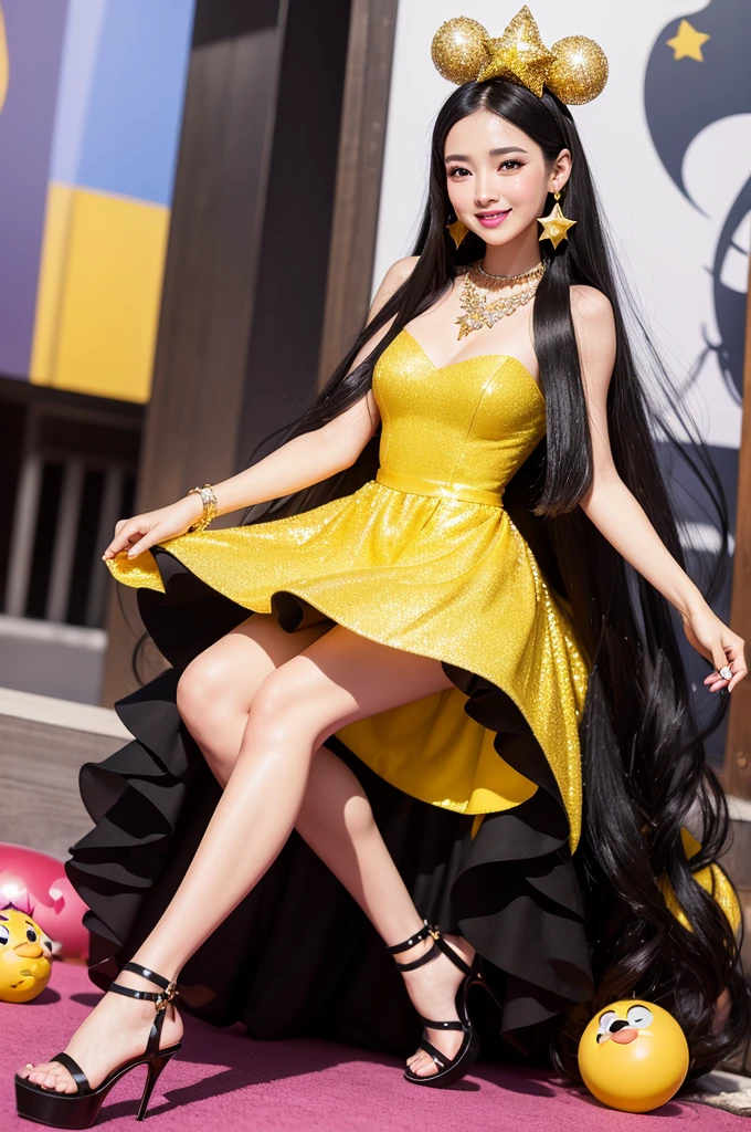 Create in the fun-filled Disney pixar style, with yellow skin, long straight black hair, brown eyes used a jewelry glue, star earrings a sparkly heel and a sparkly dress