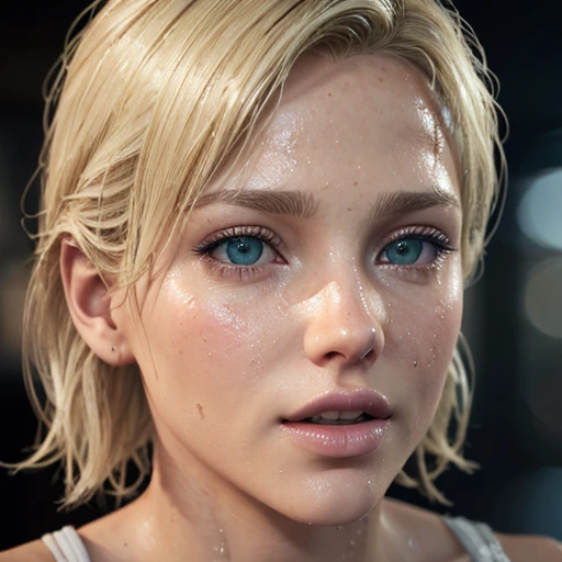 face, close-up. short, blonde hair, green eyes, Wet, open mouth, sex with drool 15 years. ((elegance. Photorealism. Unreal engine. 3D model. Ultra high quality textures. high detail. Resolution 8K))