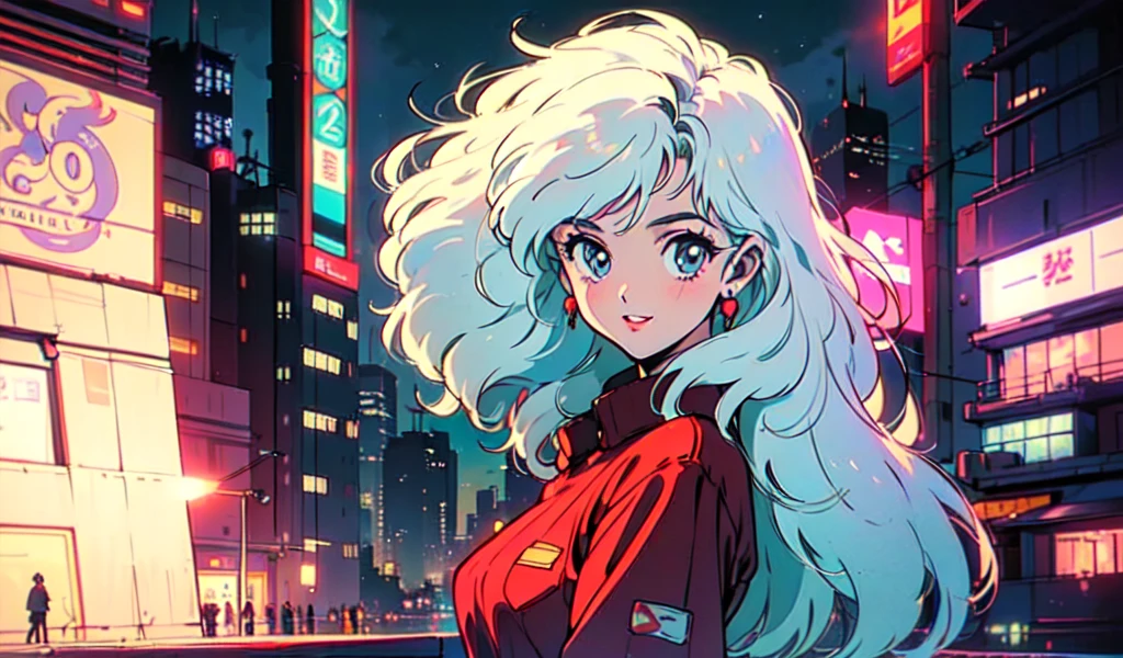 (80's, retro, city pop:1.5), (album cover), (masterpiece, best quality), (anime, illustration), (pastel colors:1.4),
best photo pose, dynamic angle,
 has bluish white hair, and has a cool impression,
girl, solo, smile, perfect detail eyes, delicate face,
City Scenes, night city, tokyo, high fashion, tying hair, sea, swimwear,