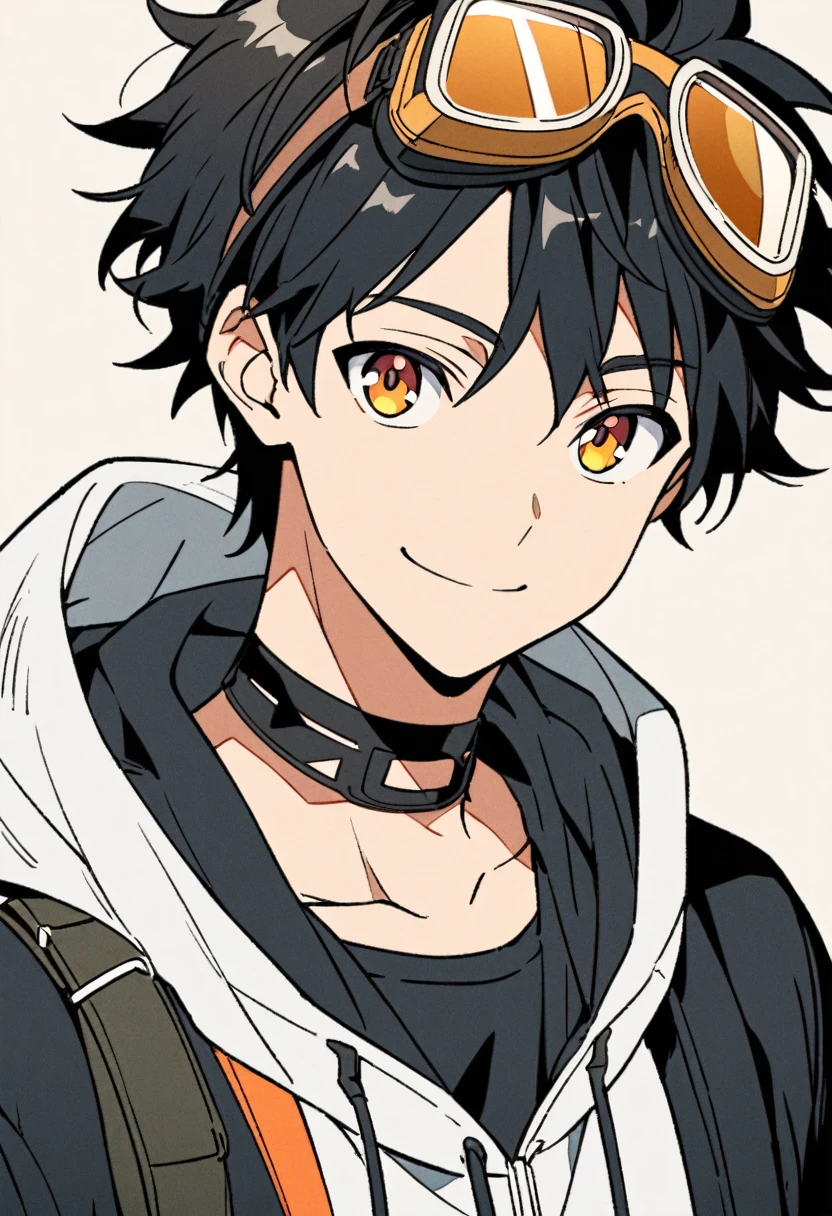a drawing of a boy with goggles on his head, black jacket, colored, white hooddie, simple lineart,young anime man, black hair, goggles on head. Hair to one side, black jacket above the hoodie, medium close up, smiling, hood down, front view, choker on neck, medium body, 