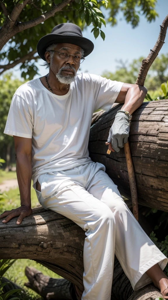 An old black man in a hat, in white t-shirt and white pants sitting on a tree trunk, with pipe in his boa and a cane in his hand