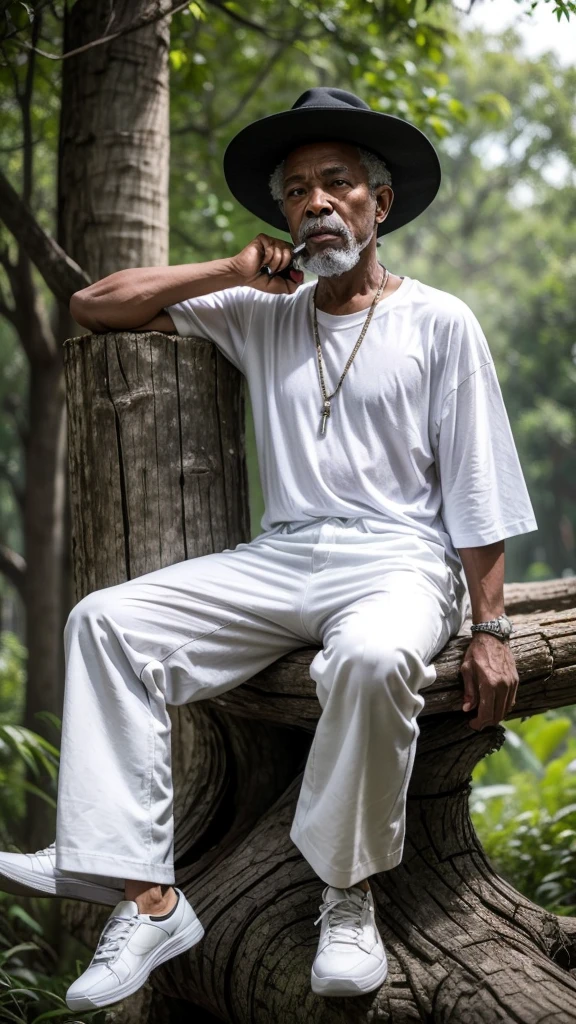 An old black man in a hat, in white t-shirt and white pants sitting on a tree trunk, with pipe in his boa and a cane in his hand