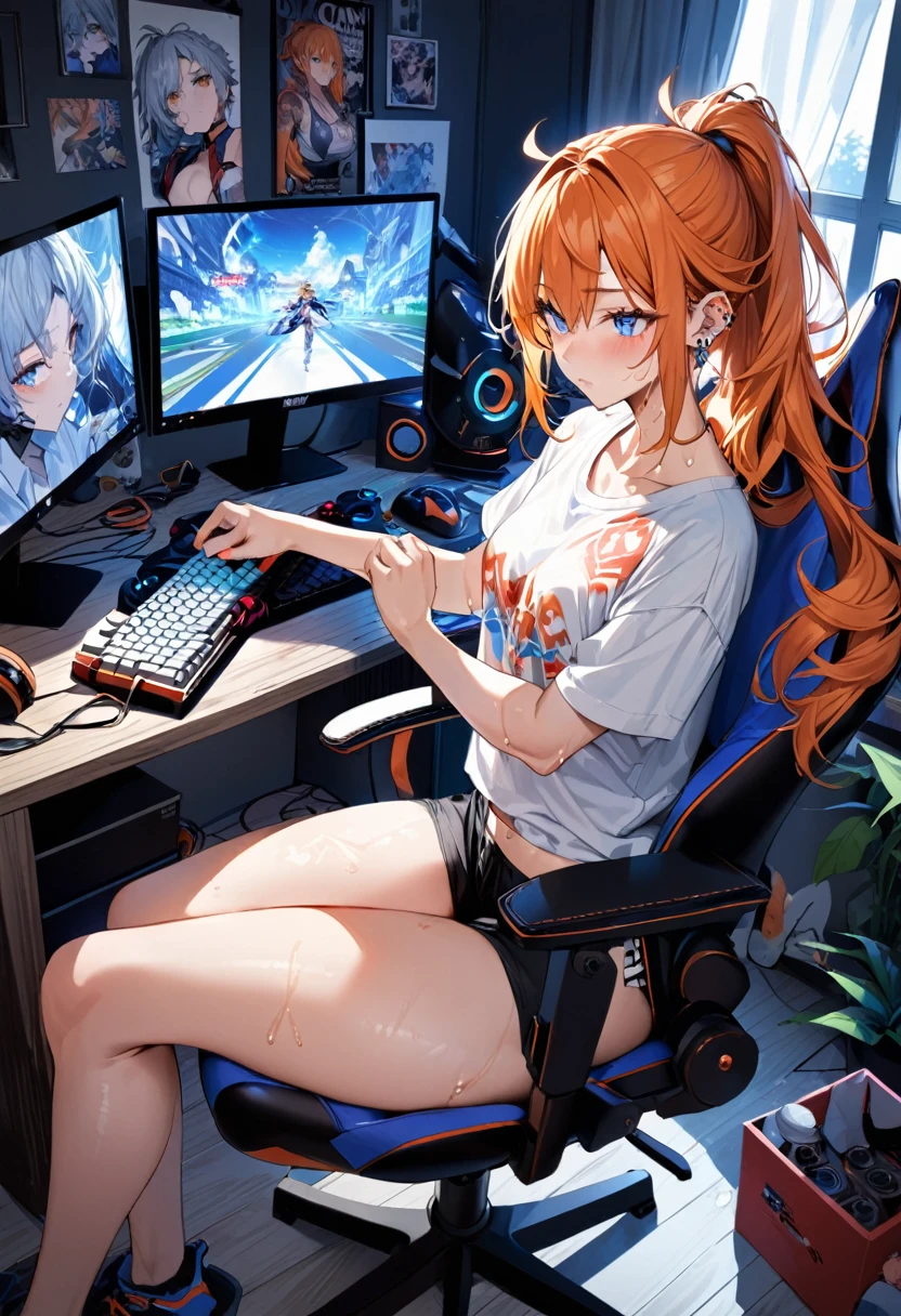 20 year old female, long orange hair, messy hair, ponytail, perfect eyes, perfect blue irises, perfect pupils, thick thighs, oversized shirt, black shorts, many ear piercings, sweaty, passionate, competitive, playing video game, otaku bedroom, sitting in gaming chair, not looking, highly detailed, best detail, best hands, right forearm tattoo, perfect tattoo, perfect hands, perfect fingers, perfect anatomy 