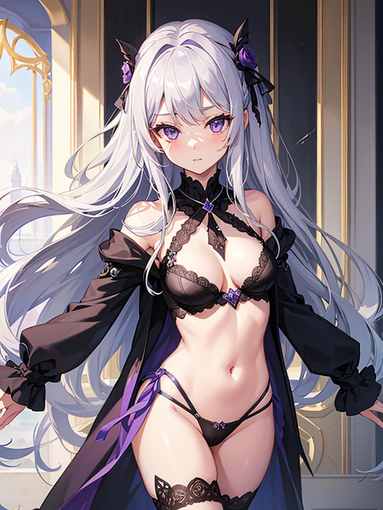 masterpiece, Highest quality, One girl, Elaina_(May_no_gossip), Silver Hair, Purple eyes, Long Hair, Panty shot