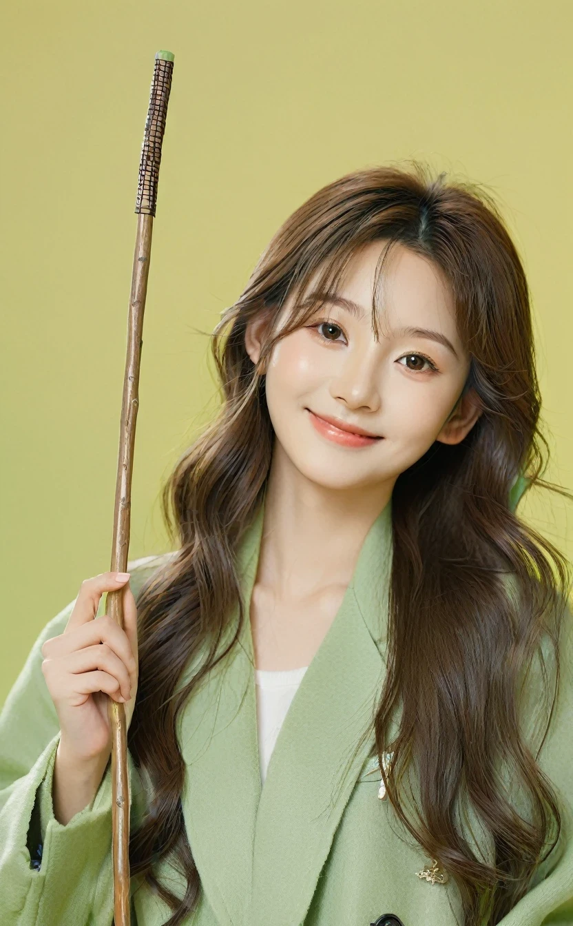 Realistic,Japanese young idol one girl portrait,Upper Body,Silvery, loosely wavy long hair,indoor,Holding a stick in one hand,Simple yellow-green background,Natural smile,Tilting face,Wearing a green long coat,Popular Korean makeup,photoRealistic,