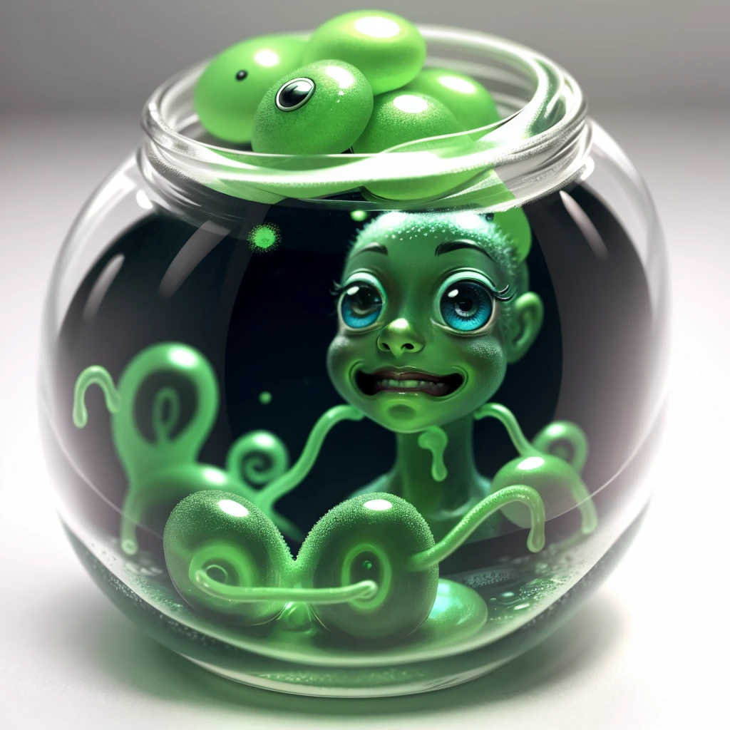 bokeh style, macro, Miniature from Hyper-realistic image on paper of an human of slime with small round appendages for arms wrapped around an alien face
