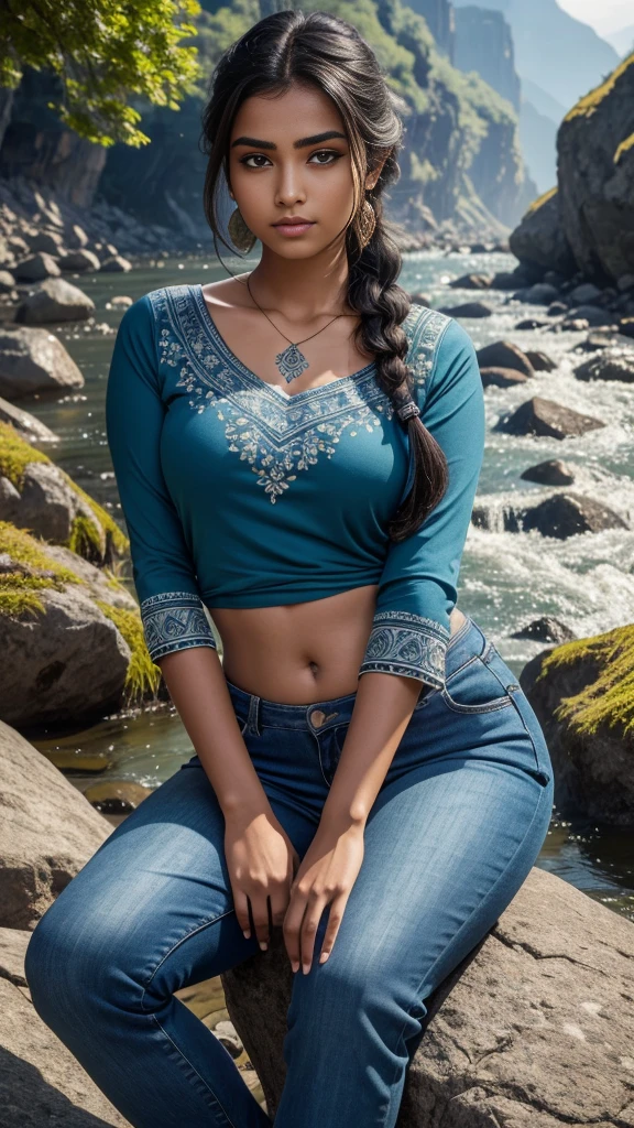 Best quality, masterpiece, Beautiful, young indian woman, village, looking straight at viewer wearing long jeans and half sleeve top, river and mountain landsape, sitting on rock, teen age, detailed face, detailed body, symmetric face, cute face, dynamic pose, perfect anatomy, tattoed hands, photorealistic, soft slim belly, curvy body, braid hair, 8k, ultra realistic, detailed background, nature, god rays, ambient occlusion