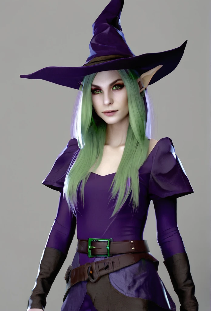 A pale green skin beautiful female witch woman half goblin half human half upper body dark purple clothes