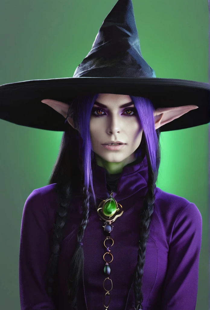 A pale green skin beautiful female witch woman half goblin half human half upper body dark purple clothes