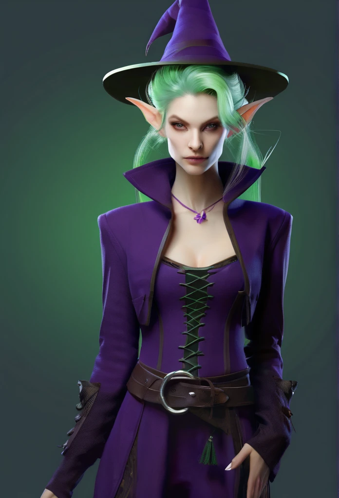 A pale green skin beautiful female witch woman half goblin half human half upper body dark purple clothes