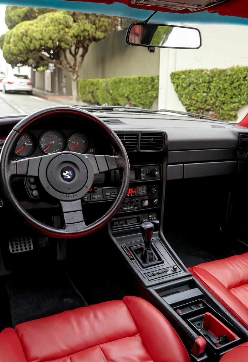 hyper realistic, Porch 944 turbo red, radio plan, car interior, driving through San Francisco, year 1986 Sony A7 II and 85mm f/1.8 GM lens