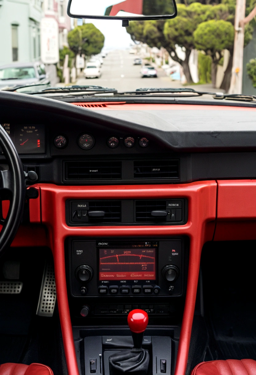 hyper realistic, Porch 944 turbo red, radio plan, car interior, driving through San Francisco, year 1986 Sony A7 II and 85mm f/1.8 GM lens
