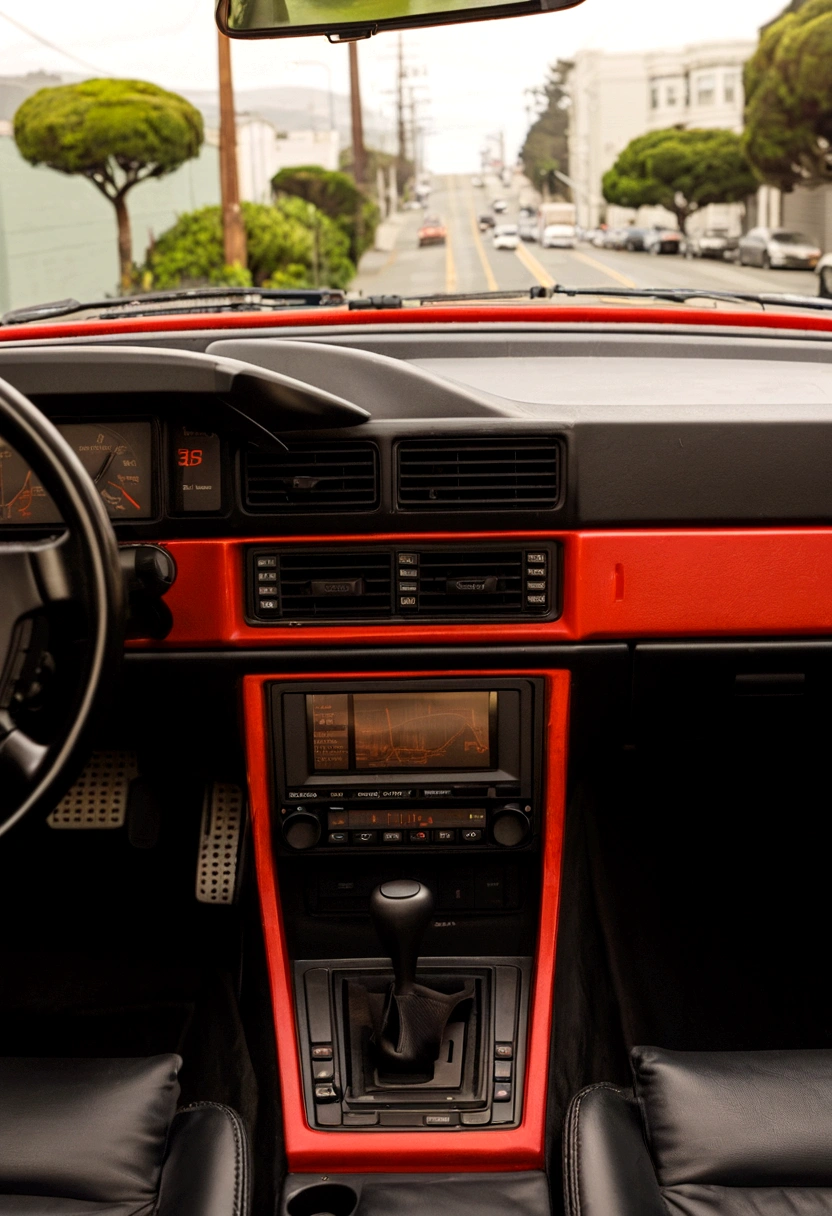 hyper realistic, Porch 944 turbo red, radio plan, car interior, driving through San Francisco, year 1986 Sony A7 II and 85mm f/1.8 GM lens