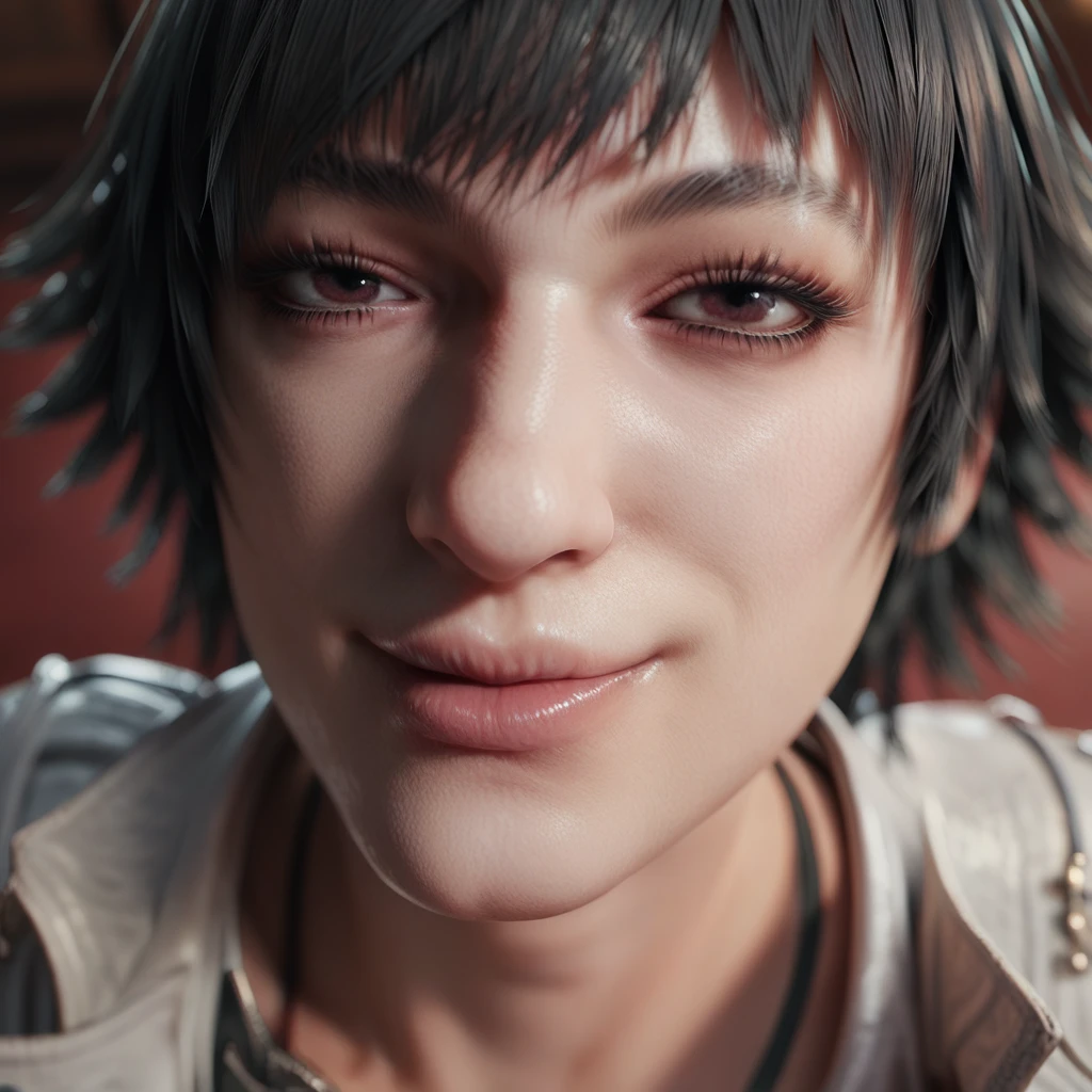 beautyful woman, lady (from devil may cry 5:1.1), white jacket, black panties, smile, perfect face, detailed face