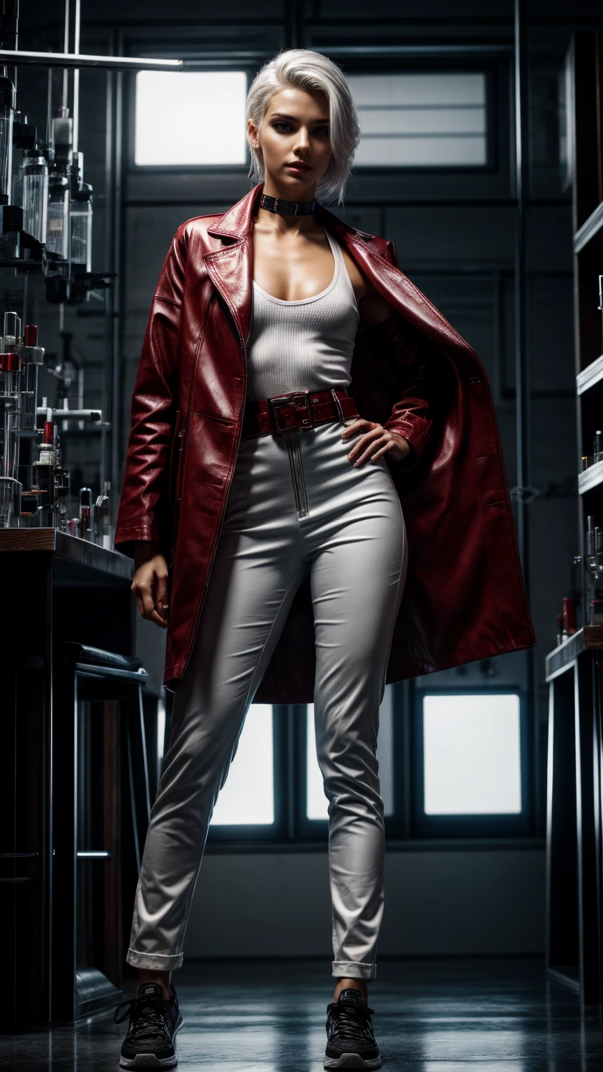 Seductive and confident look. Distant image. Labcoat. Long legs. Slim teenage european girl. Red leather trousers, sneakers. Vintage science laboratory. White hair, sidecut. Piercing. backlit, smirk, belt, backlit, perfect sultry make-up, cinematic, realistic, high contrast, visually rich,piercing eyes, strong eyeliner, mesmerizing eyes, elegant, graceful, natural beauty, charismatic, versatile, photogenic, very detailed