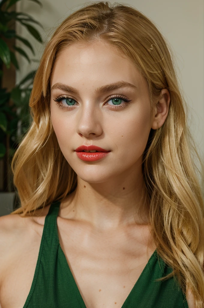 Blonde girl, beautiful face, huge fiery red lips, green eyes