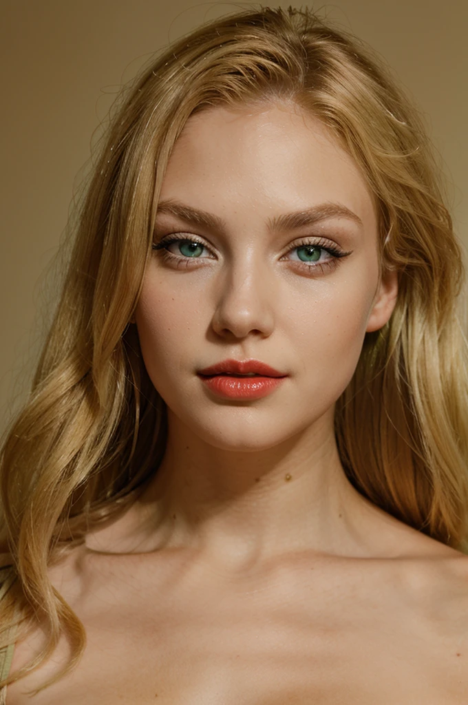 Blonde girl, beautiful face, huge fiery red lips, green eyes